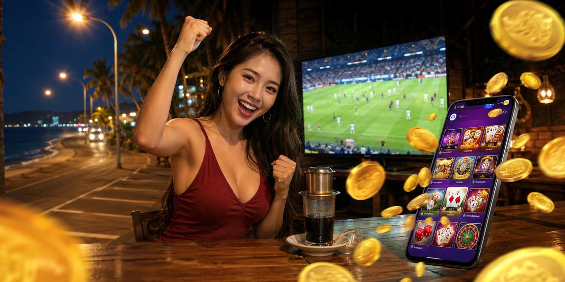 Người dùng tại Mũi Né sử dụng điện thoại chơi casino trực tuyến bên tách cà phê
